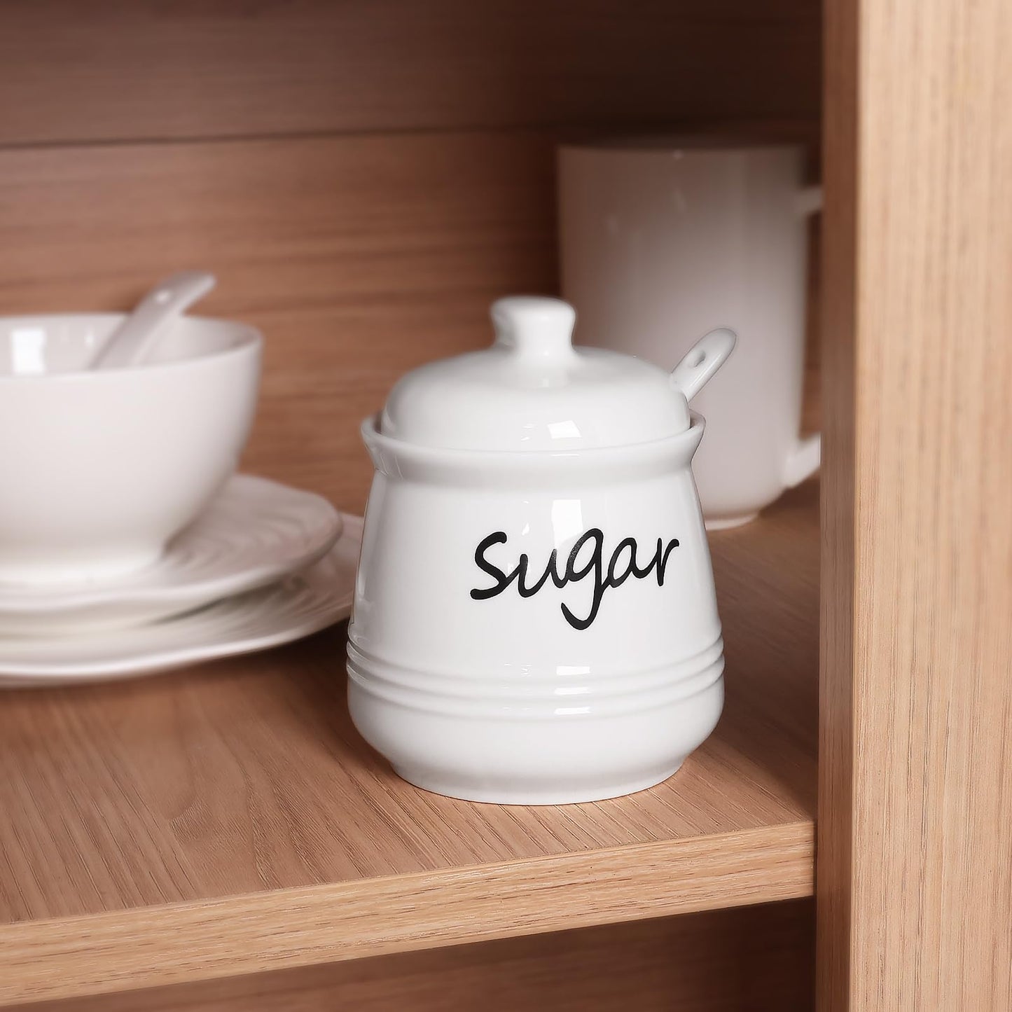 HAOTOP Ceramic Sugar Bowl with Lid and Spoon, 12oz Sugar Jar Sugar Dispenser Sugar Container Coffee Bar Accessories, Kitchen Countertop Canisters, White