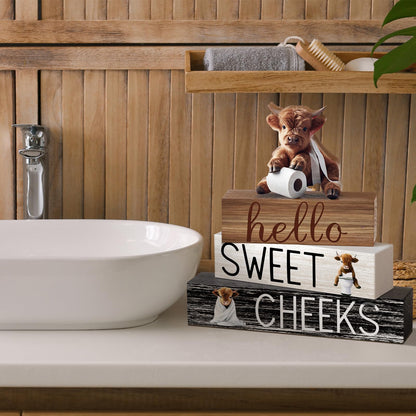 Cinnvoice 4 Pcs Highland Cow Bathroom Decor Farmhouse Bathroom Decoration Western Hello Sweet Cheeks Table Centerpiece Gift for Christmas Valentines Back to School
