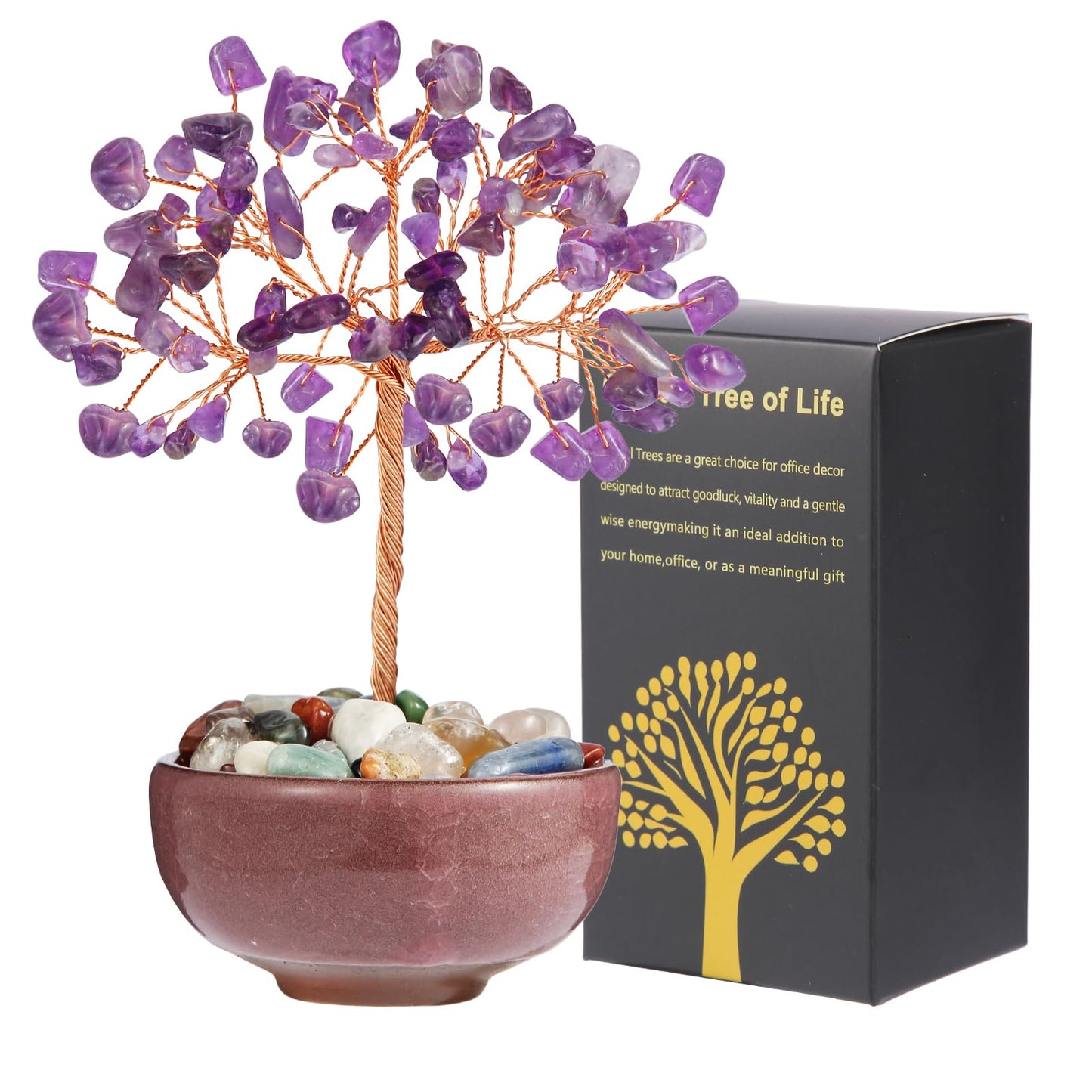 Amethyst Crystal Tree with Ceramic Base,Natural Gemstone Feng Shui Money Tree for Wealth,Good Luck & Positive Energy,Handmade 5 Inch Healing Abundance Bonsai for Home Office Decor