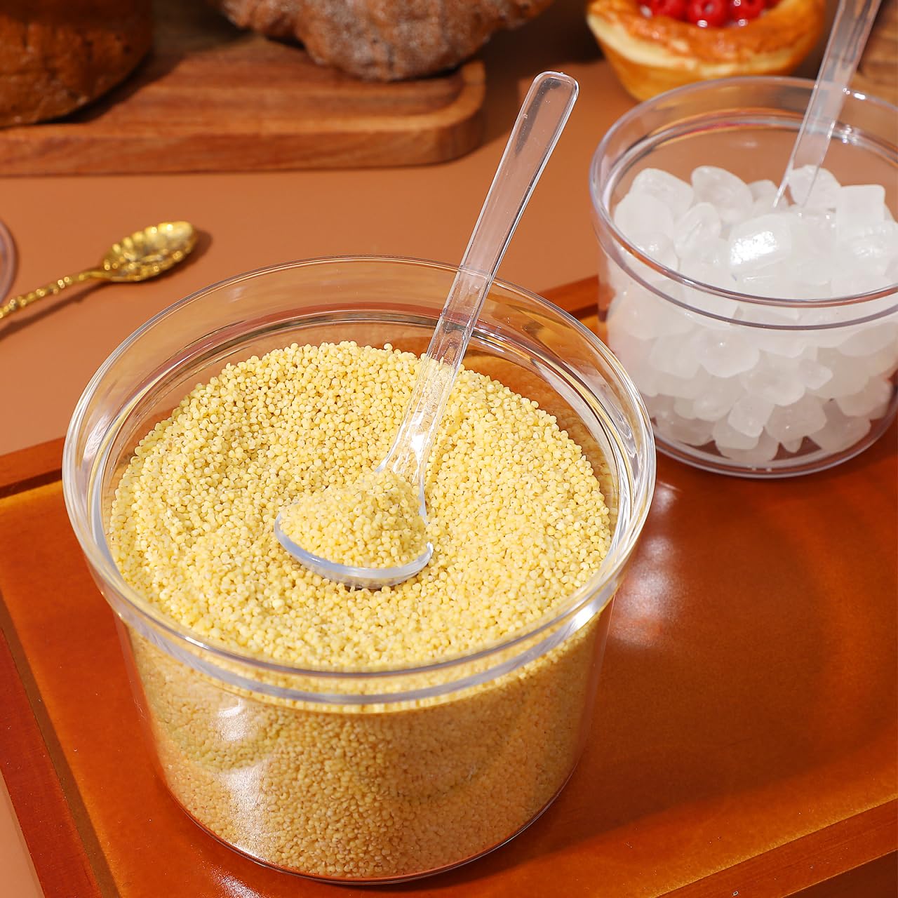 Cabilock Transparent Seasoning Box with Lids and Spoons 4.33X3.93 Inch Clear Salt Sugar Container Kitchen Condiment Storage Organizer