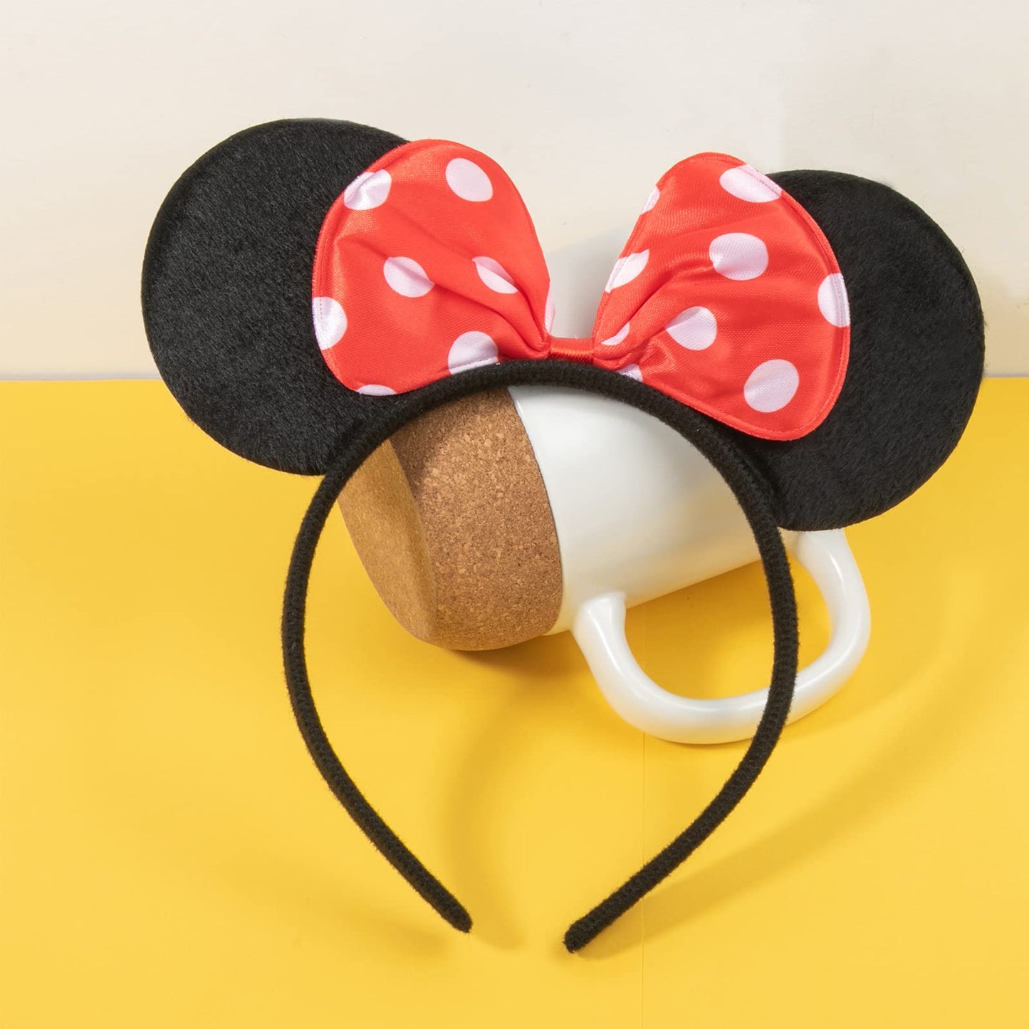 CHuangQi 20 pcs Mouse Ears Headbands, Solid Black Ears & Polka Dots Red Bow, Boys & Girls Birthday Party Supplies