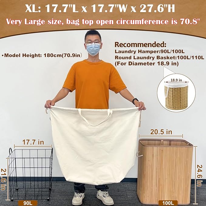Canvas Laundry Bags with Handles & Square Base18"Lx18"Wx27.6"H, Extra Large