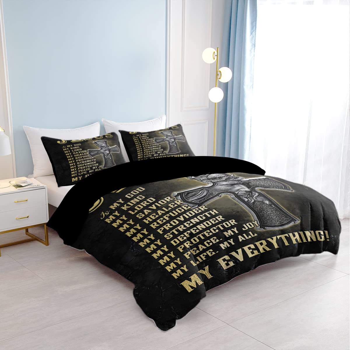 SOULZZZ Jesus Cross Print Comforter Cover Set Religious Christian God Cross Duvet Cover King, Western Culture Exotic Savior Bedding 1 Duvet Cover with 2 Pillowcases