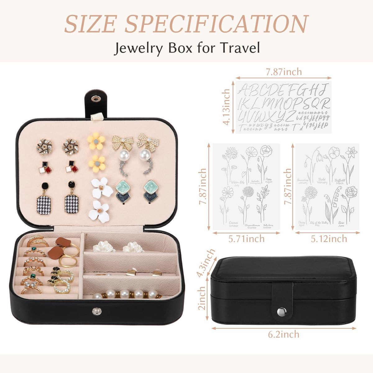BrightRow Personalized Leather Jewelry Box Bridesmaid Gift Jewelry Organizer with Name & Birth Flower Decal Custom Travel Jewelrys Case Bachelorette Wedding Party Favors Birthday Gift for Women Girl