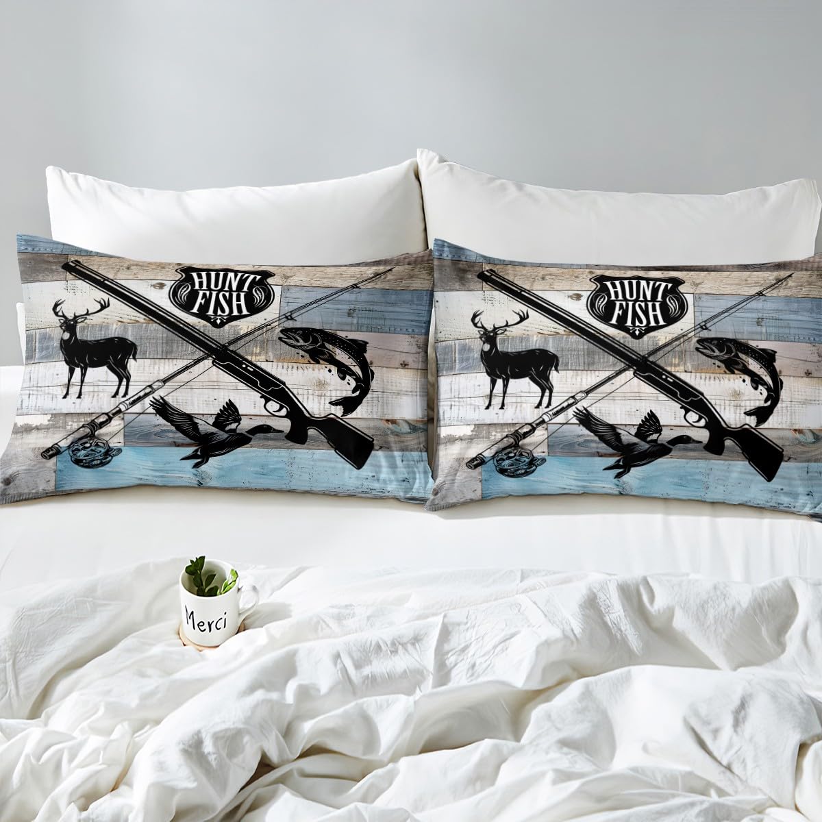 Castle Fairy Kids Hunt Fish Bed Sheets King Size,Deer Bird Fish Animal Hunting,Quality Brushed Microfiber Luxury Bedding SetRustic Retro Wooden Board with 1 Flat,1 Fitted Sheet,2 Pillowcases