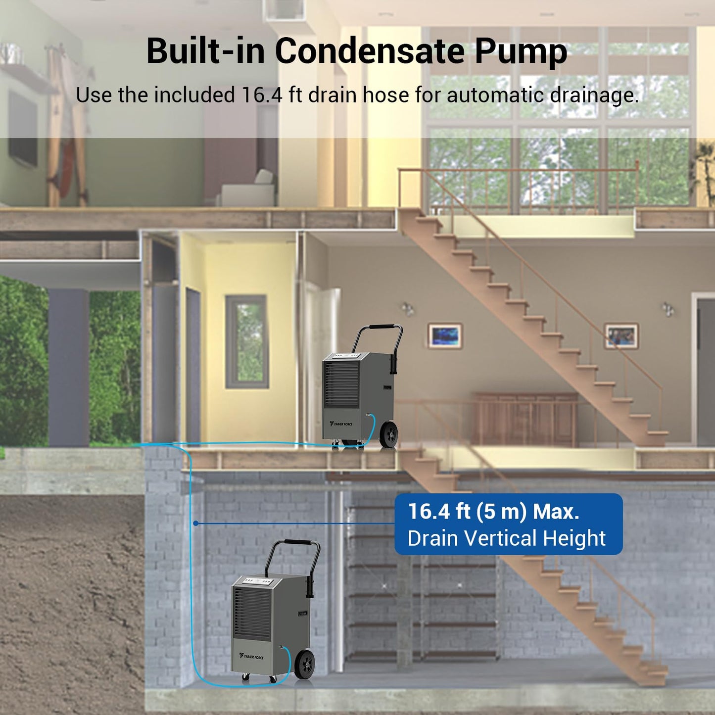 Traver Force Commercial Dehumidifier, 170 Pint Large Dehumidifier with Pump Drain Hose, Up to 7,500 sq. ft, for Crawl Space, Basement, Warehouse, Water Damage Restoration, Job Sites