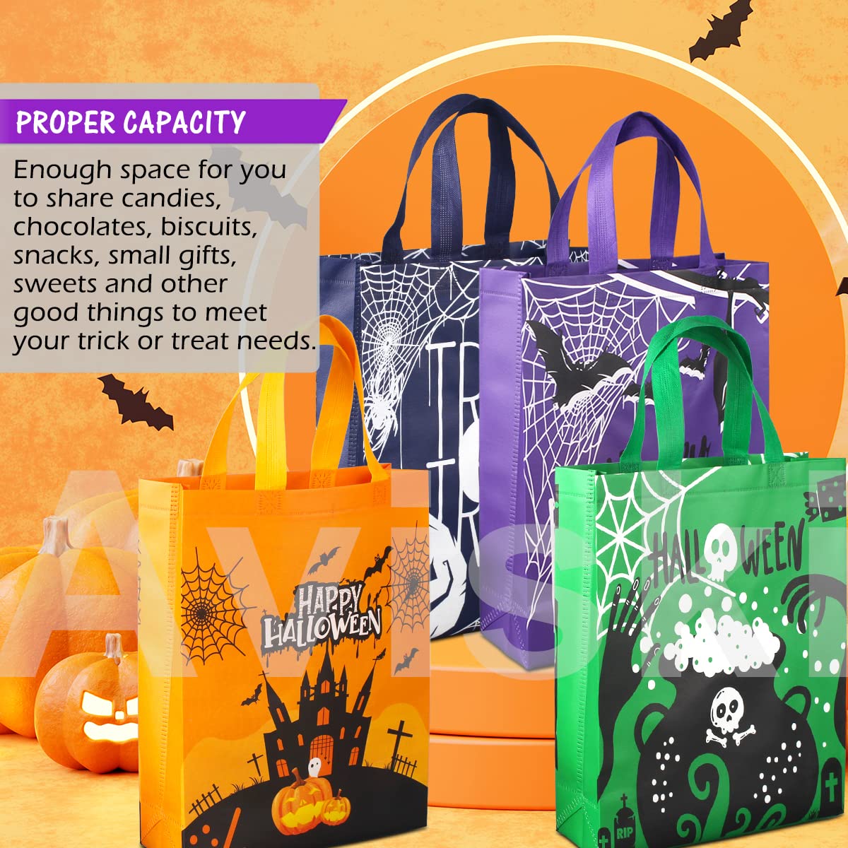Aviski 6PCS Halloween Trick or Treat Bags, Non-Woven Large Gift Tote Bags with Handles for Gifts Wrapping, Party Supplies, 15 * 11.8 * 3.9inch
