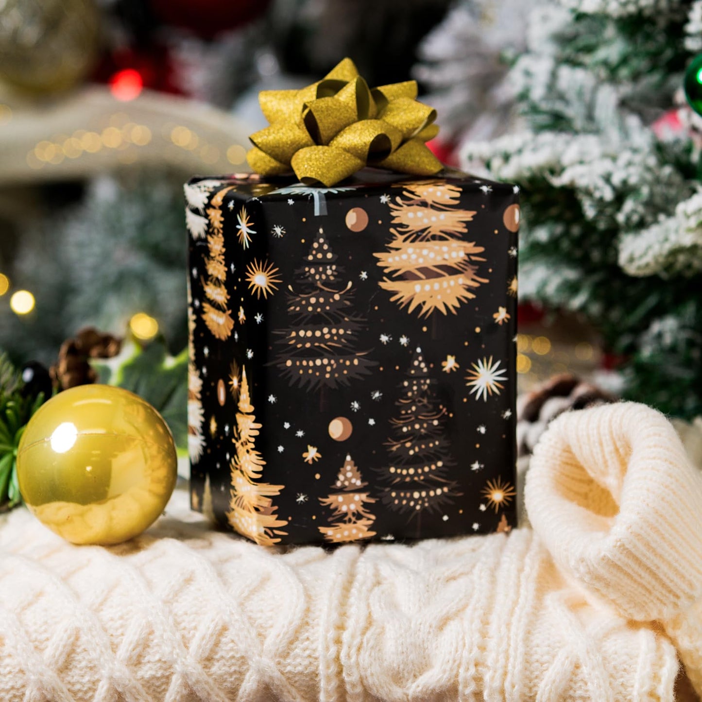 Garbendy Christmas Wrapping Paper Roll - 17 Inch X 32.8 Feet - Colorful Gold ChristmasTree Forests Design with Cut Lines on back for Christmas, Holiday, Party, Celebration