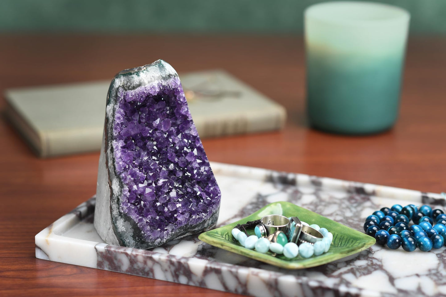 Premium Amethyst Geode Stone Large Crystal Cluster [2 to 2.5 lb.] - Each Piece is Unique & Natural - Real Raw Healing Crystal Rock from Uruguay - Deep Purple Decoration - FREE Selenite Wand