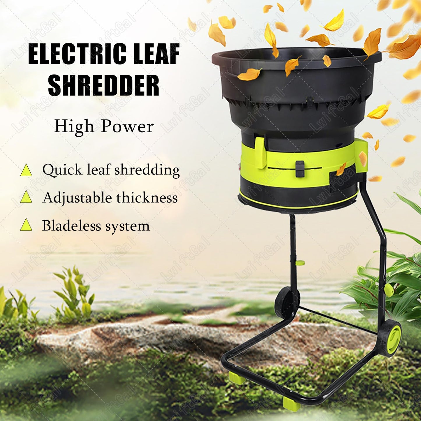 LwiftGal Electric Leaf Mulcher Garden Shredder, 2500w Compost Shredder Leaf Crusher with Wheels,Leaf Rake, Storage Bag, 54cm Funnel Diameter for Yard Cleanup, Composting 20mpowercord