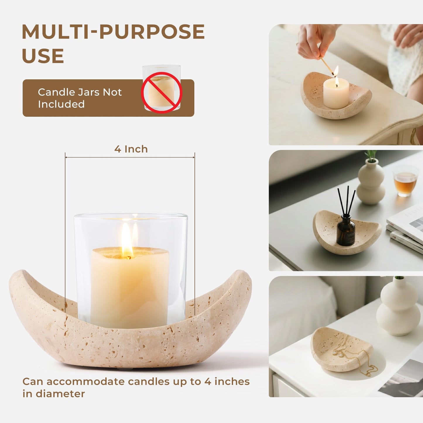 WORHE Candle Holders Italy Premium Natural Travertine Stone Candlestick Holder for Jar Pillar Candles Boat-Shaped Marble Jewelry Tray Centerpiece for Wedding Dining Table Home Decor Beige (WH093)