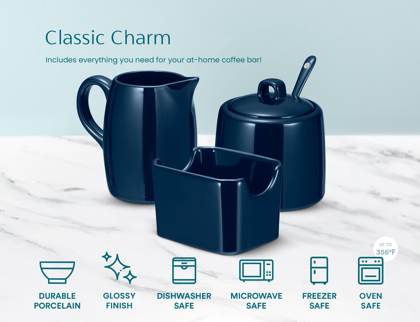 KooK Sugar and Creamer Set, 3 Piece, Pitcher, Sugar Bowl with Lid and Spoon, Sweetener Holder (Navy)