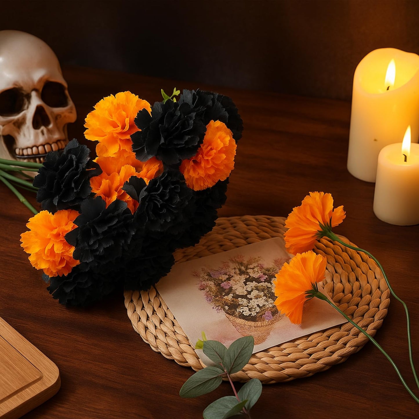 Waydress 20 Pieces Artificial Marigold Bunch Fake Bunch Halloween Artificial Marigold Flowers with Stem for Birthday Party Diwali Halloween Party Decoration(Black, Orange)