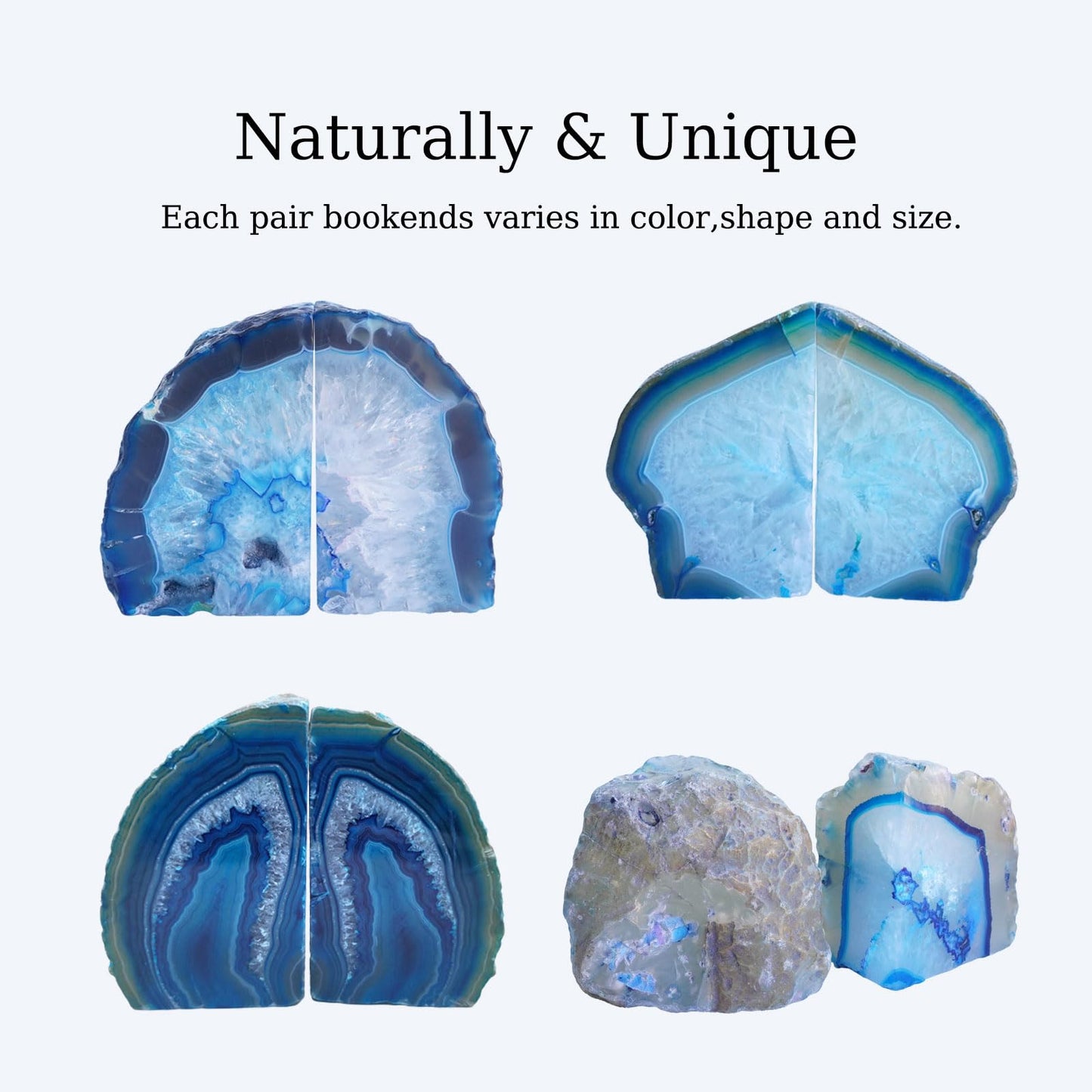 Sisamn Natural Blue Dyed Agate Geode Bookends - 3 to 4 lb Heavy Duty Rock Crystal Stone Book Ends for Shelves, with Rubber Bumpers, Decorative Book Holders for Home Office