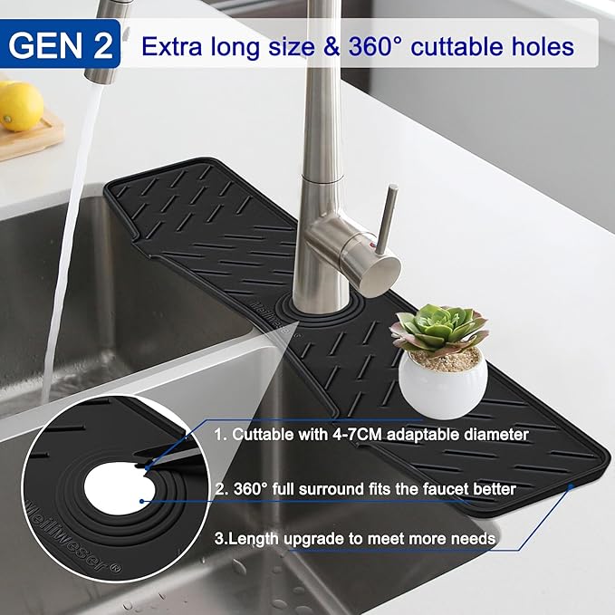 Meiliweser Faucet Mat for Kitchen Sink – 24” x 5.1” Extra-Long Silicone Splash