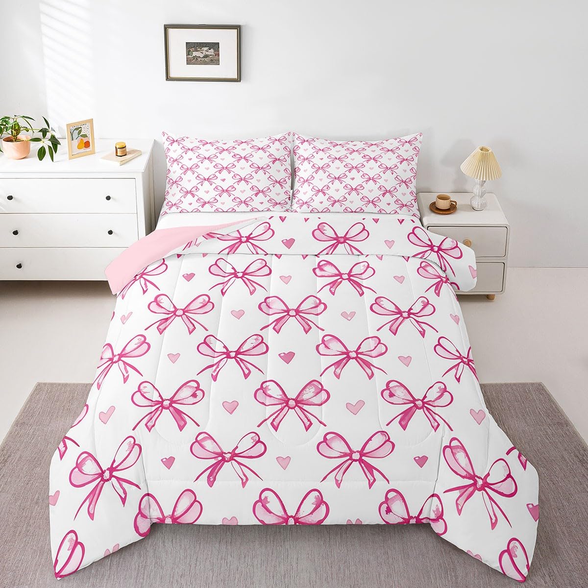 Pink Bow Girlish Kids Comforter Set Queen Size,Bowknot Love Heart Hand Paint Cute Bedding Set,Girls Women Room Decor,Princess Style Bow Tie Down Comforter,Girly Romantic Duvet Insert,2 Pillowcases