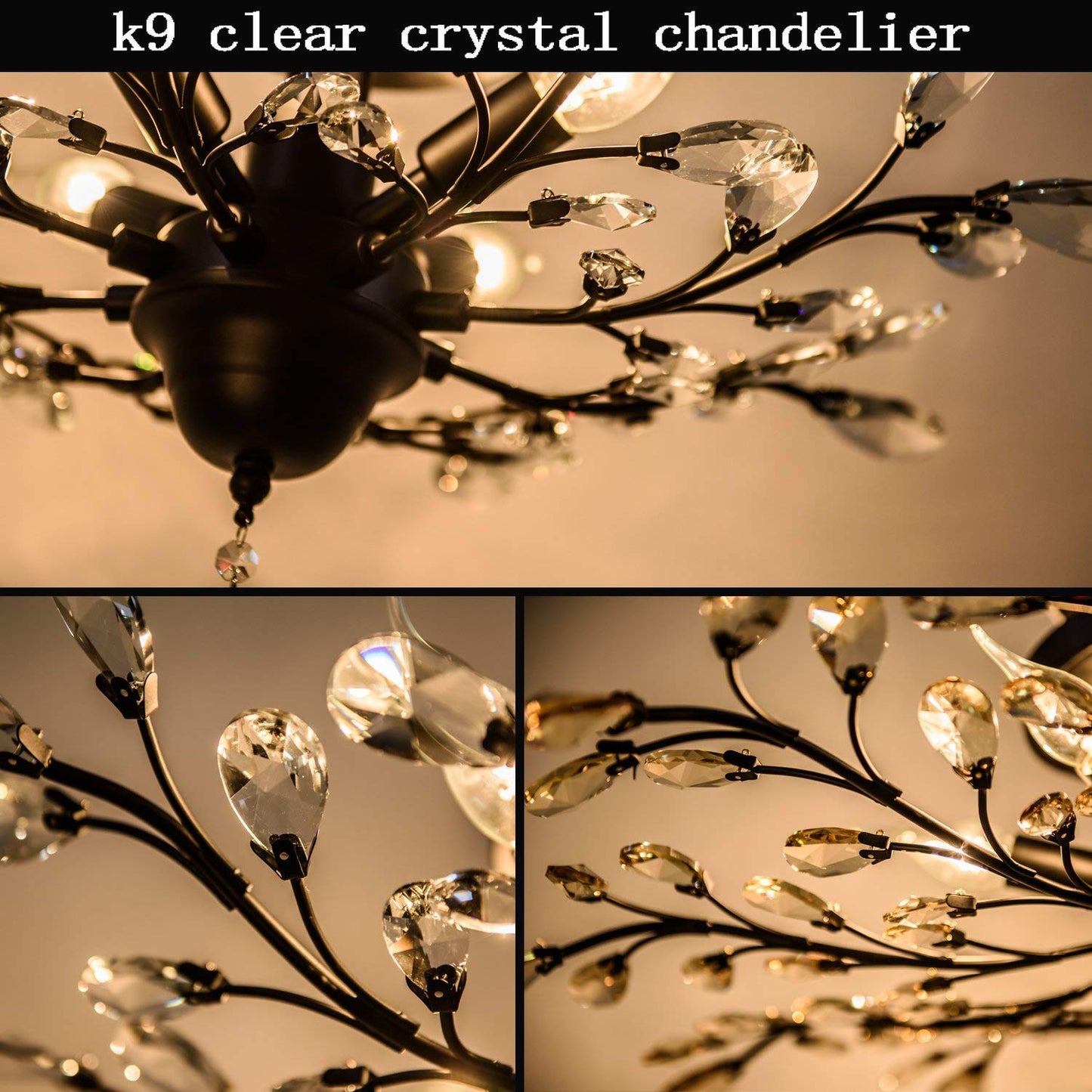 Garwarm 5 Lights Vintage Crystal Chandeliers Ceiling Lights LED Light K9 Clear Crystal Pendant Lighting Ceiling Light Fixtures Chandeliers Lighting for Living Room Bedroom Restaurant Porch (Black)
