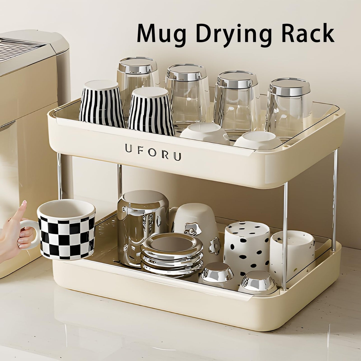 UFORU Countertop Coffee Station Organizer, 2 Tier Wine Glass Holder, Mug Shelf with Removable Drain Tray, Spice Rack for Kitchen, Bathroom Countertop Organizer, Cream White