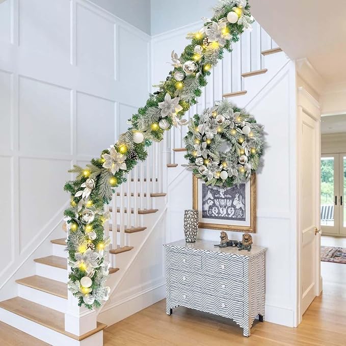 WANNA-CUL Pre-Lit 24 Inch Lighted Christmas Wreath for Front Door Decor with Silver White Christmas Ball Ornaments and Poinsettia Flowers,Battery Operated 30 LED Lights