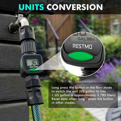 [2 PACK] RESTMO Water Flow Meter, High Measure Accuracy, Measure Gallon/Liter Consumption and Flow Rate for Garden Hose Watering, RV Water Tank Filling, Lawn Sprinkler, Irrigation System