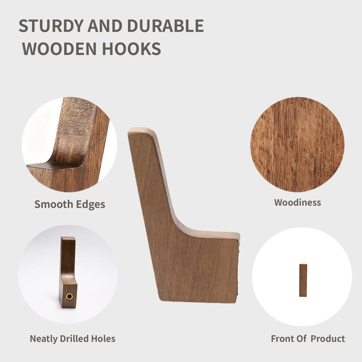 PinEther 6 Pack Walnut Wood Wall Hooks – Handcrafted Solid Wood Hooks for Coats, Hats, Bags, Towels – Minimalist Design, Hidden Mount, Eco Wax Finish, Moisture-Resistant,Bathroom, Bedroom, Kitchen