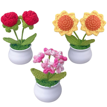Rimvoe 3pcs Crochet Flower Pot, Sunflower Red Rose Forget Me Not Small Potted Flowers, Mothers Day Valentines Gifts for Mom Wife, Cute Desk Decor for Women Office Car Dashboard