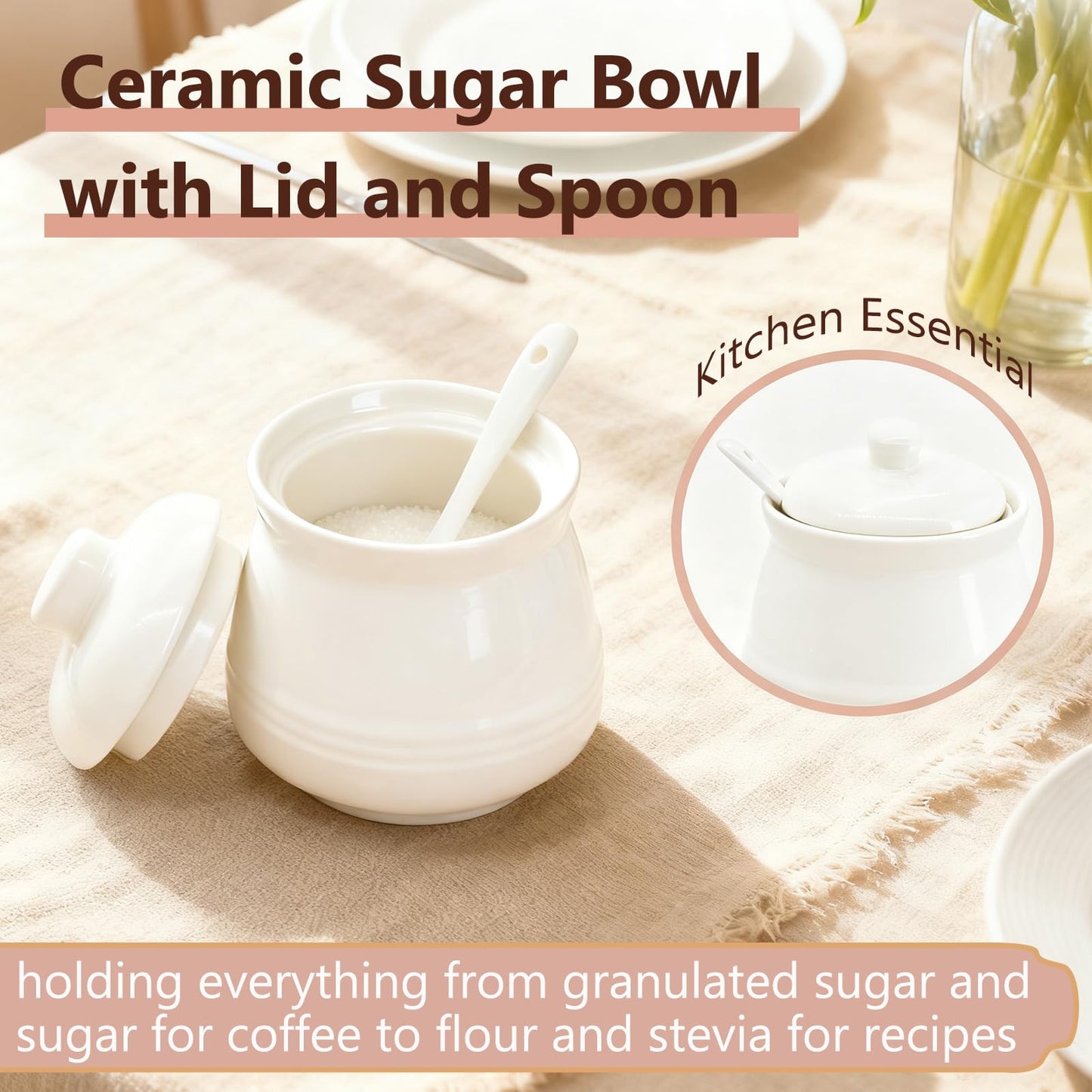 Fcreimd Sugar Bowl Porcelain Sugar Jar, Ceramic Sugar Container with Lid and Spoon, 12 Ounces, White