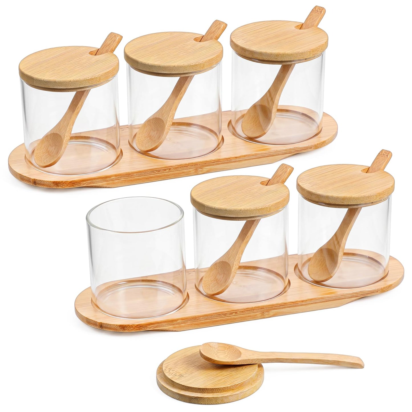 2 Pcs Salt and Sugar Container Sets, Condiment Containers with Lids, Square Glass Jar with Bamboo Lid & Spoon, 12 Oz Glass Pantry Storage Containers for Kitchen, Coffee, Tea, Candy, Spice Organization