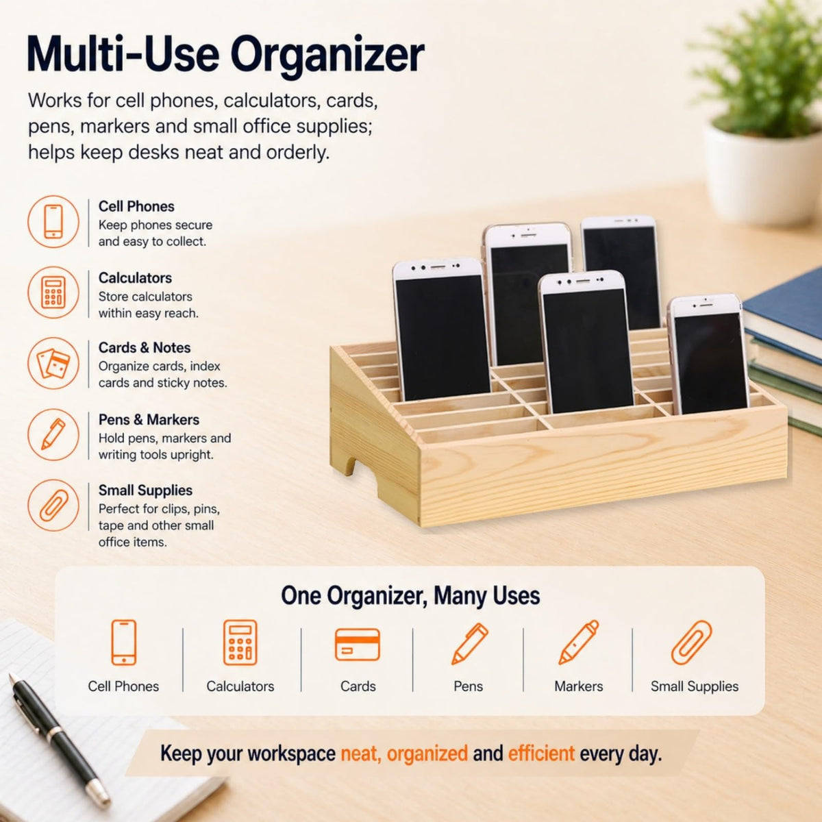 XICHENGSHIDAI 24-Grid Classroom Cell Phone Holder, Wooden Mobile Phone Storage Box, Desk Organizer for Teachers, School and Office