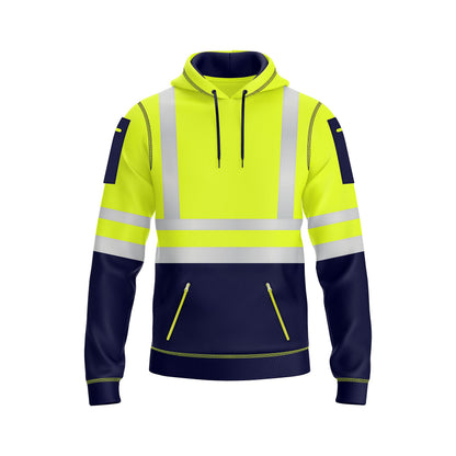 NOROZE Mens Hi Vis Hoodie with Reflective Tape, Pullover High Vis Hoodie for Safety Workwear– 4 Utility Zipped Pockets, Work Hoodies for Men, High Visibility Hooded (M, Style 1: Neon Green/Navy)