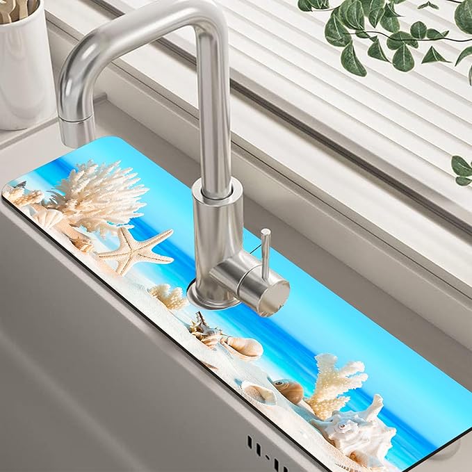 Tropical Beach Seashells Kitchen Sink Splash Guard Absorbent Fast Drying Mat