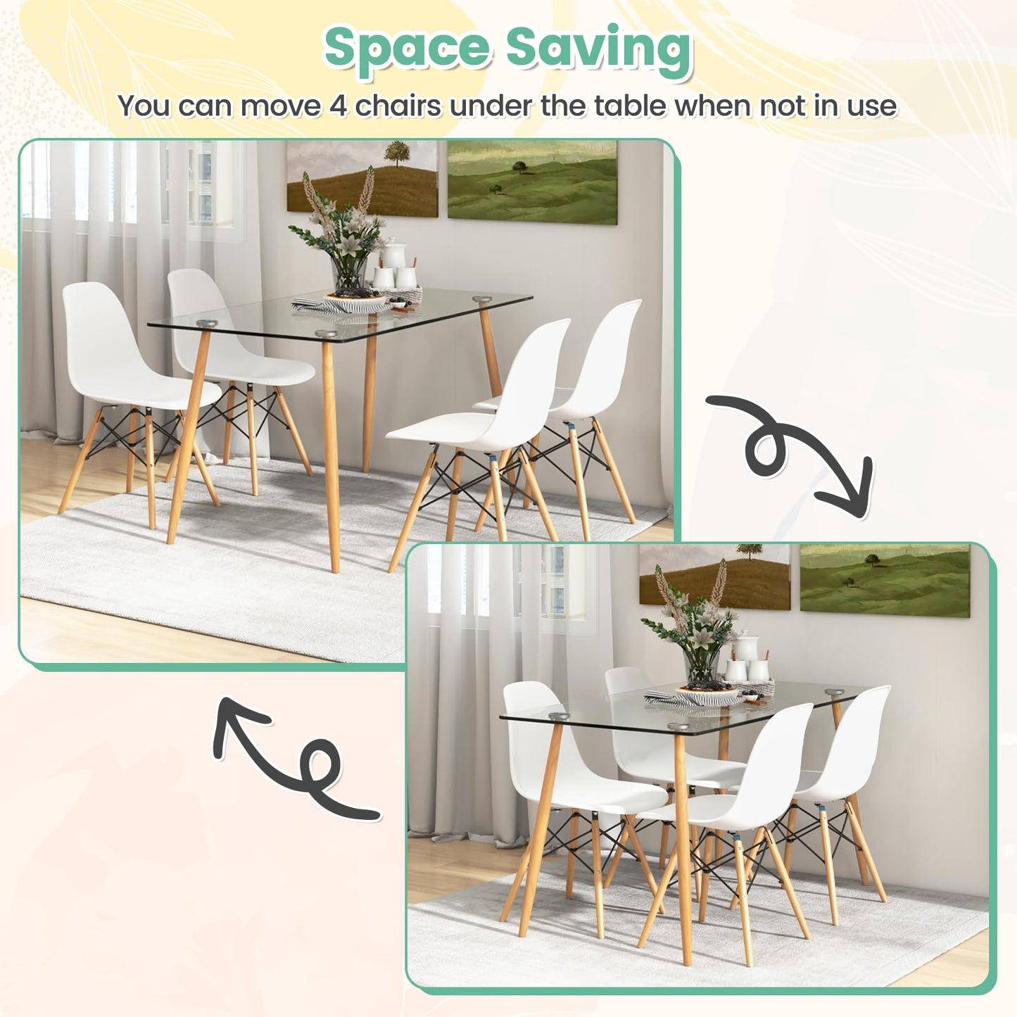 Giantex Dining Table Set for 4, Rectangular Glass Dining Table & 4 White DSW Chairs, 5-Piece Modern Dinette Set for Breakfast Nook, Dining Room, Kitchen, Living Room, White