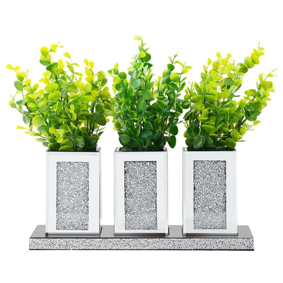 Pibeyer Crystal Crush Diamond Jar Table Centerpiece Decorations for Dining Room, Coffee Table Decor Wooden Tray with 3 Mirrored Jars Artificial Plants for Kitchen, Living Room, Home Décor