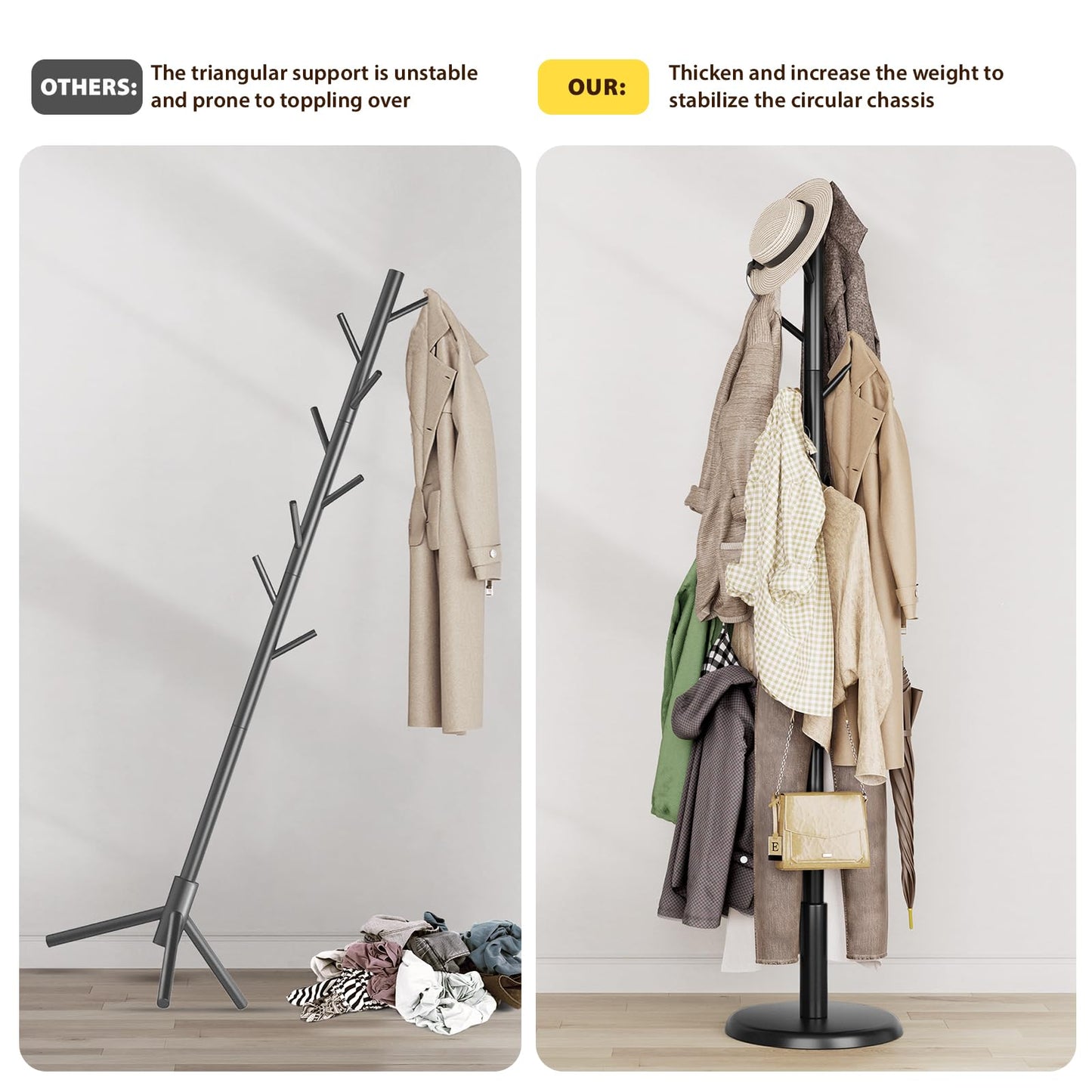 Taitiy Solid Wood Coat Rack Freestanding Coat Tree with 10 Hooks for Bedroom, Livingroom, Entryway, Sturdy Coat Hanger Stand for Hats, Coats, Scarves, Handbags, Purses