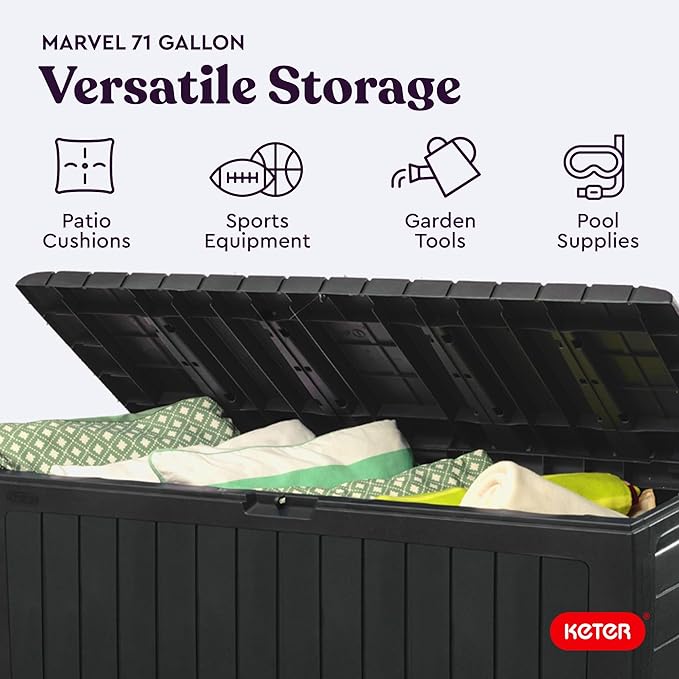 Keter Marvel Plus 71 Gallon Resin Outdoor Storage Box for Patio, Balcony & Garden – Weather‑Resistant Deck Box for Cushions, Pillows, Pool Floats & Tools, Dark Grey