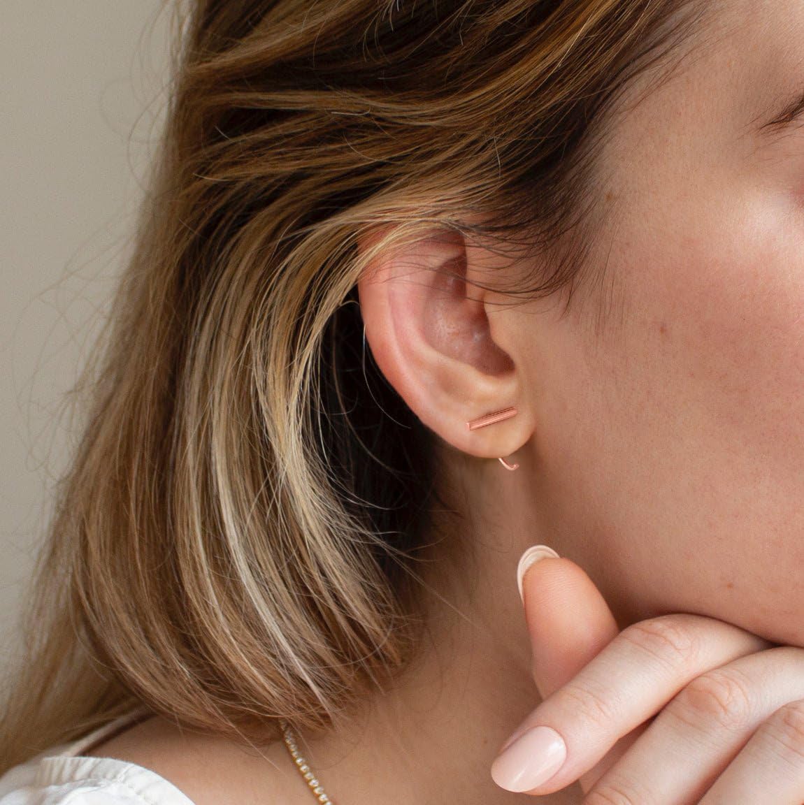Half Hoop Earrings 18K Rose Gold Plated 925 Sterling Silver Bar Huggie Earrings for Women Small Open Hoops Sleep Hugger Earrings