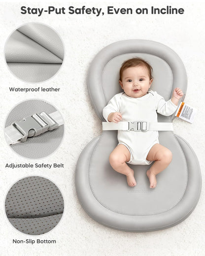 Waterproof Peanut Baby Changing Pad, Foldable Travel On-the-Go for Dresser & Changing Table, Wipe-Clean PU Diaper Pad with Non-Slip & Adjustable Safety Belt, 24"x16", Gray