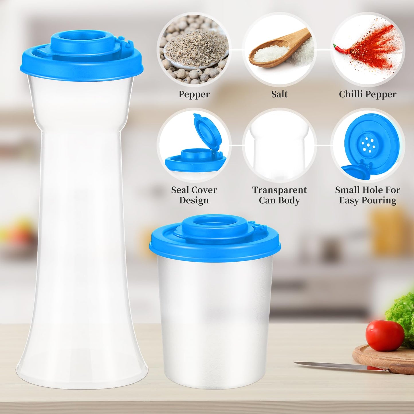 EBOOT 4 Pcs Salt and Pepper Shaker Set Hourglass Picnic Salt and Pepper Shakers Plastic Airtight Spice Jar Dispenser with Lids for Camping Outdoors Kitchen Lunch(Blue)
