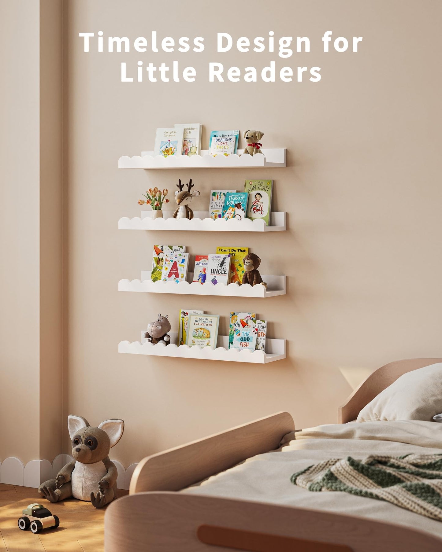 4-Pack White Floating Shelves for Wall, Nursery Book Shelf, Scalloped Design, Kids Bedroom, Toddler Room, Baby Room Decor