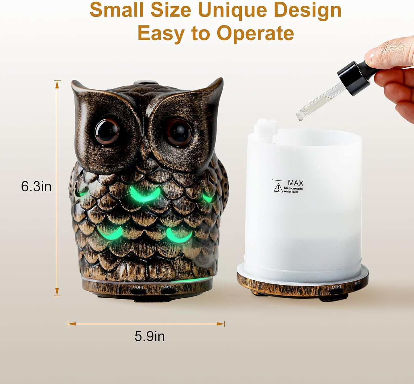 Alieye Ceramic Essential Oil Diffuser, 200ML Handcrafted Ceramic Owl Ultrasonic Cool Mist Aromatherapy Humidifier with 7 Colors LED Waterless Auto Shut Off for Home Office Yoga, Gifts for Mom, Brown