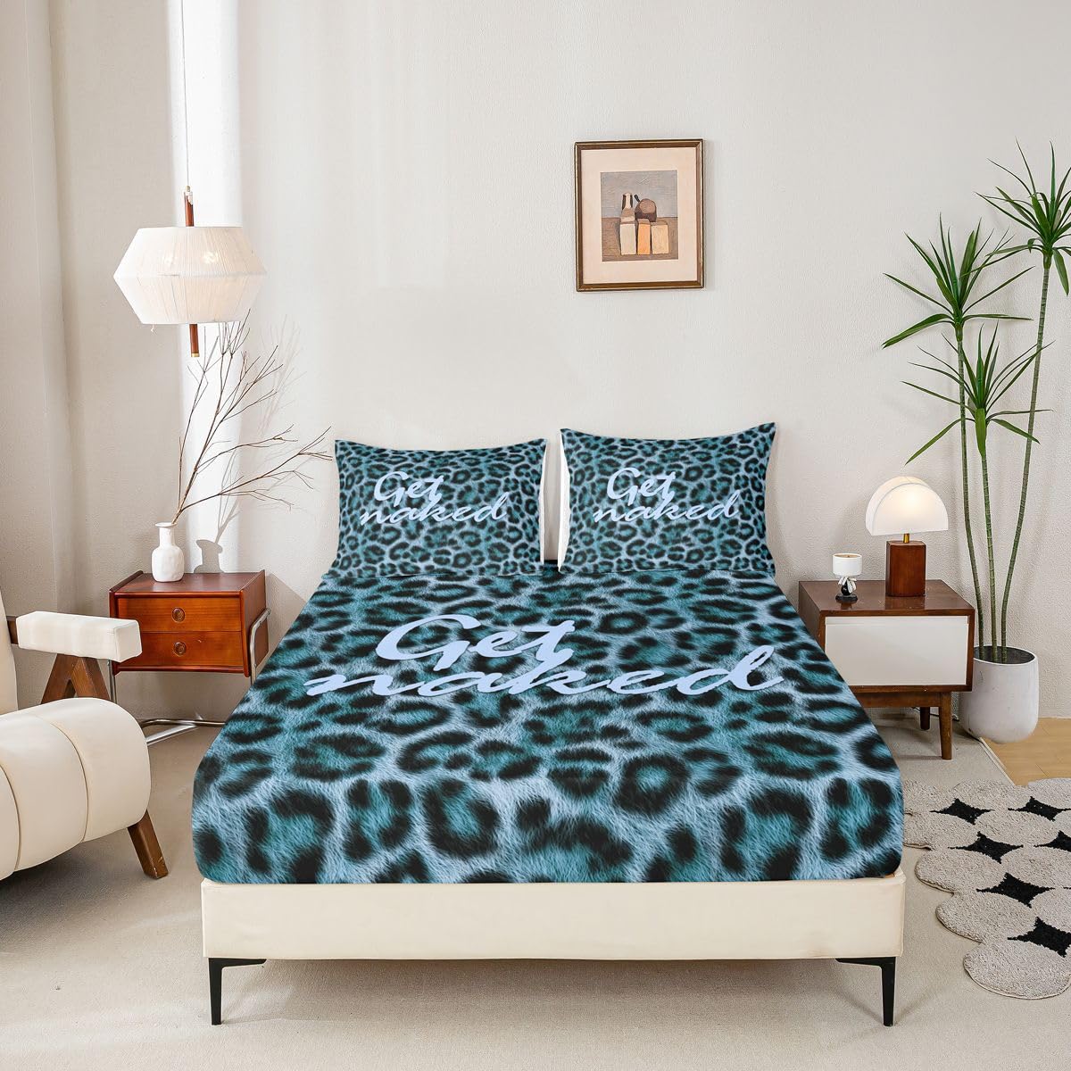 Feelyou Leopard Print Get Naked Fitted Sheet with 2 Pillowcases Full Size Funny Quotes Bed Sheets Set 16" Deep Pocket Boys Girls Blue Bedding Cheetah Teens Bedroom Decor Soft Lightweight Microfiber