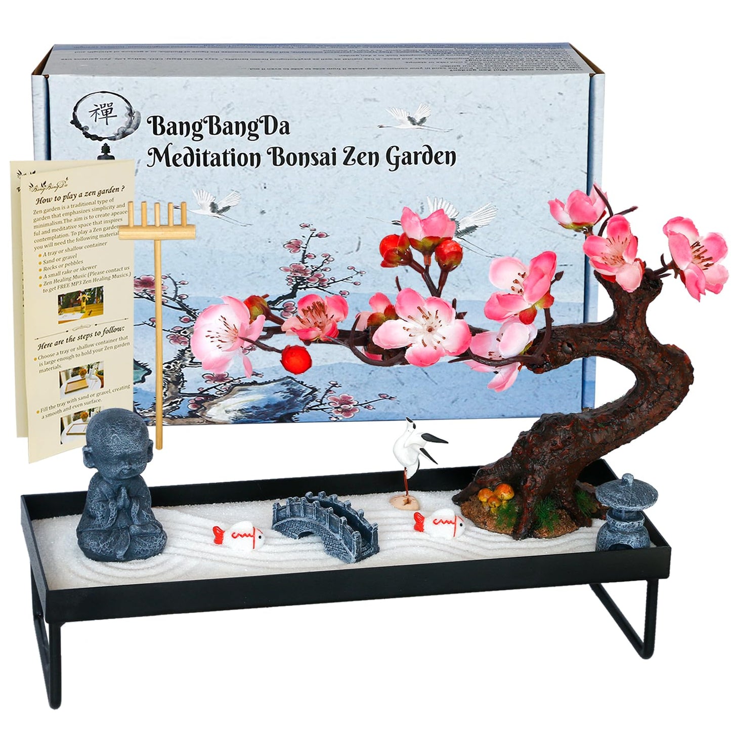 Mini Zen Garden Kit for Desk Tabletop Rock Sand Tray Therapy Kit Office Stress Relief Spiritual Decor Japanese Zen Healing Gifts for Lady Yoga Meditation Accessories with Bonsai Buddha Koli Fish Rake