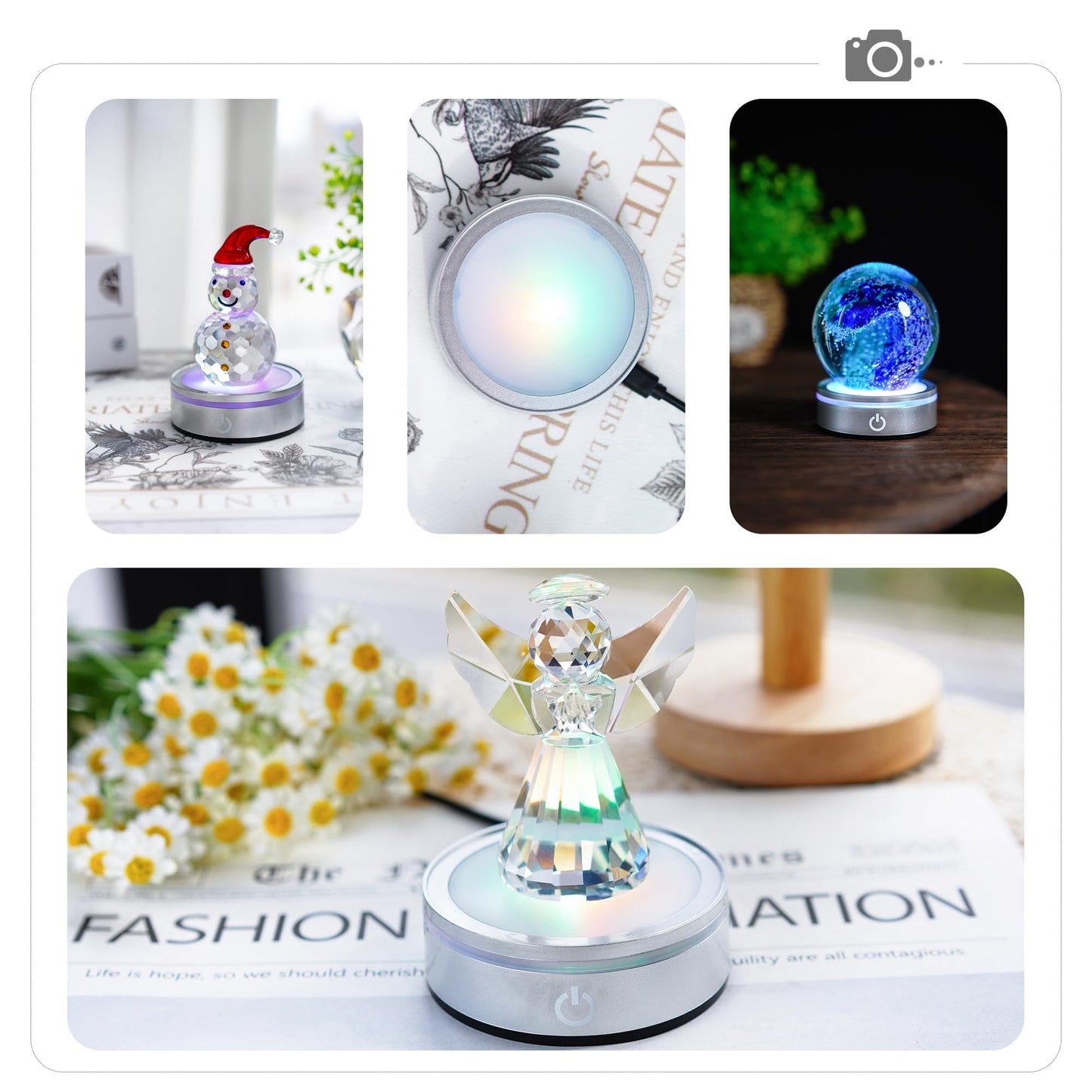 ZEERSHEE LED Light Base for Acrylic 3D Glass Resin Art Colorful Lighted Round Display Stand Battery/USB Power(Flat)
