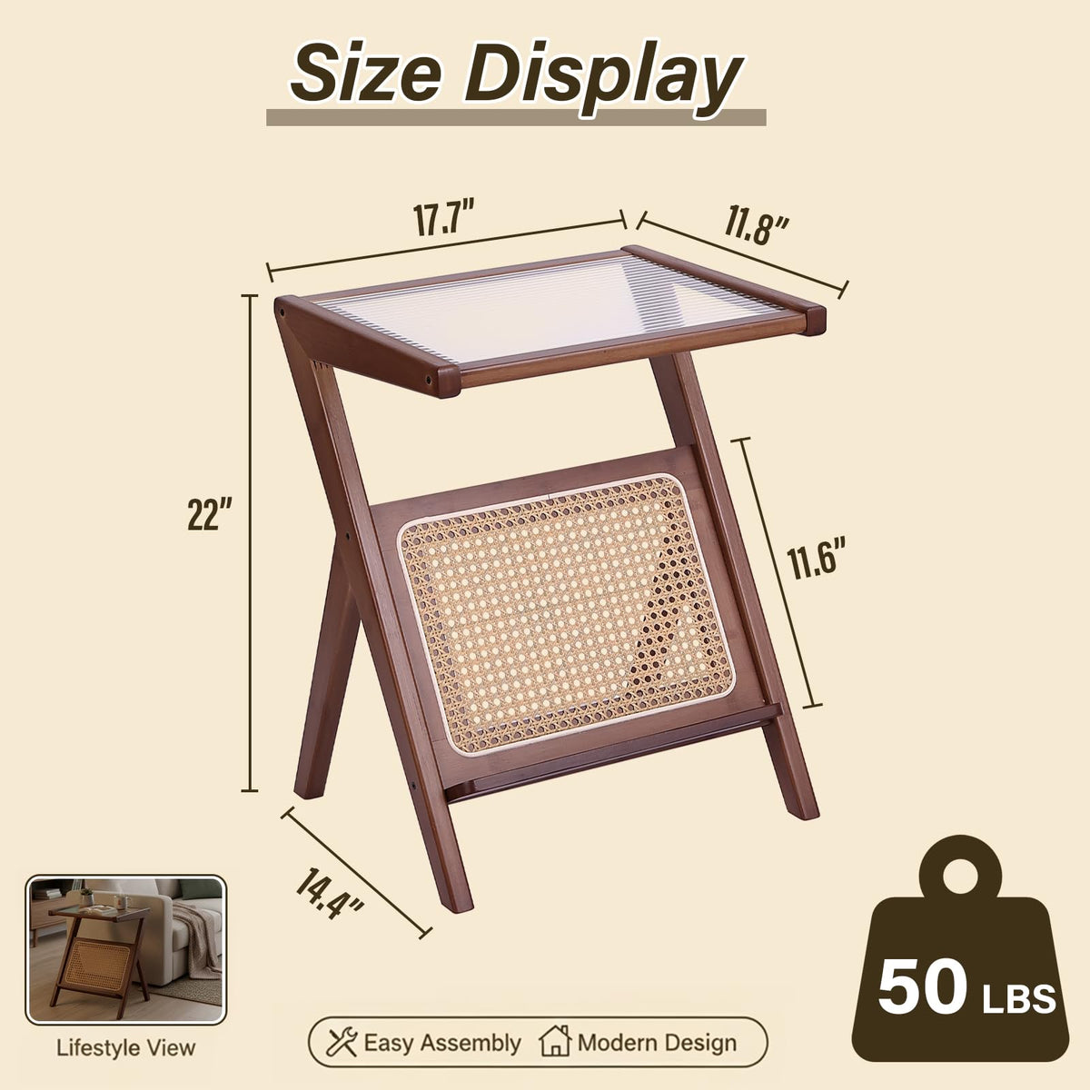 Tiita Rattan Nightstand Side Table, Bamboo Accent Bedside Tables, Glass Coffee Tables, Boho Wooden End Table with Storage for Small Space, Living Room and Bedroom