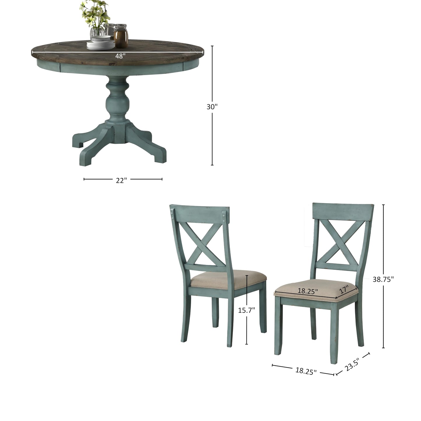 Roundhill Furniture Prato 5-Piece Round Dining Table Set with Cross Back Chairs, Antique Blue and Weathered Walnut