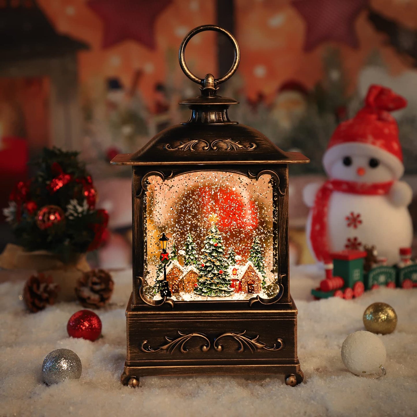 Christmas Lantern, Lit Christmas Snow Globe Lantern-with USB+ Music Christmas Water Lantern Snow Globe Portable Creative Cute Christmas Decorations and Charming Gifts(Forest House