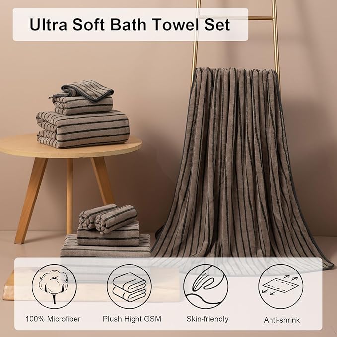 Oliven 4 Piece Brown Cabana Stripe Large Bath Towels Oversized Bath Sheet Super