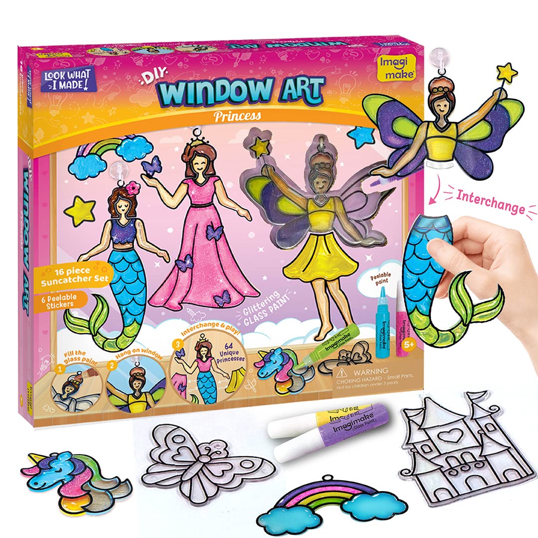 Imagimake Window Art Princess | Unicorn & Mermaid Suncatcher Kit | 16-Piece Glass Painting Set | Craft Kits for Kids 5-12 | Girls Birthday Presents | Birthday Gift for 5 Year Old Girls