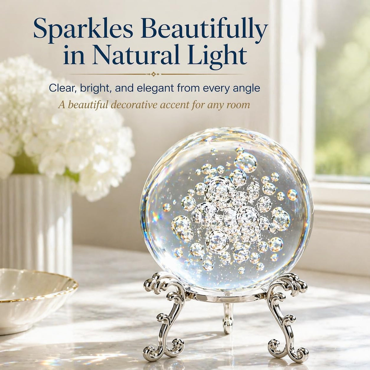 Crystal Ball Glass Globe Decor - Crystal Sphere with Stand & Gift Box, Clear Decorative Crystal Globe, 3D Crystal Ball for Home Decor Photography, Gazing Divination Fengshui Meditation, 4 inch/100mm