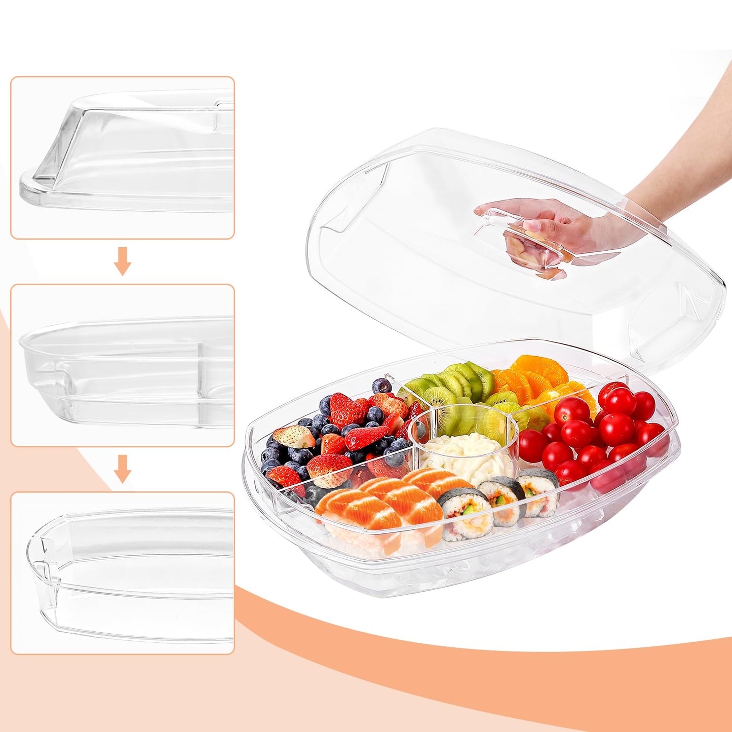 IVYHOME Fruit Ice Serving Tray, Chilled Veggie Tray, Shrimp Cocktail Serving Dish, Appetizer Serving Platter for Parties, with Lid and 4 Compartments